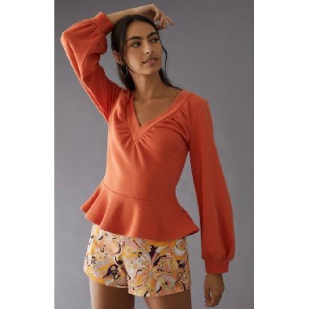Anthropologie Maeve V Neck Peplum Sweatshirt Orange Size Large